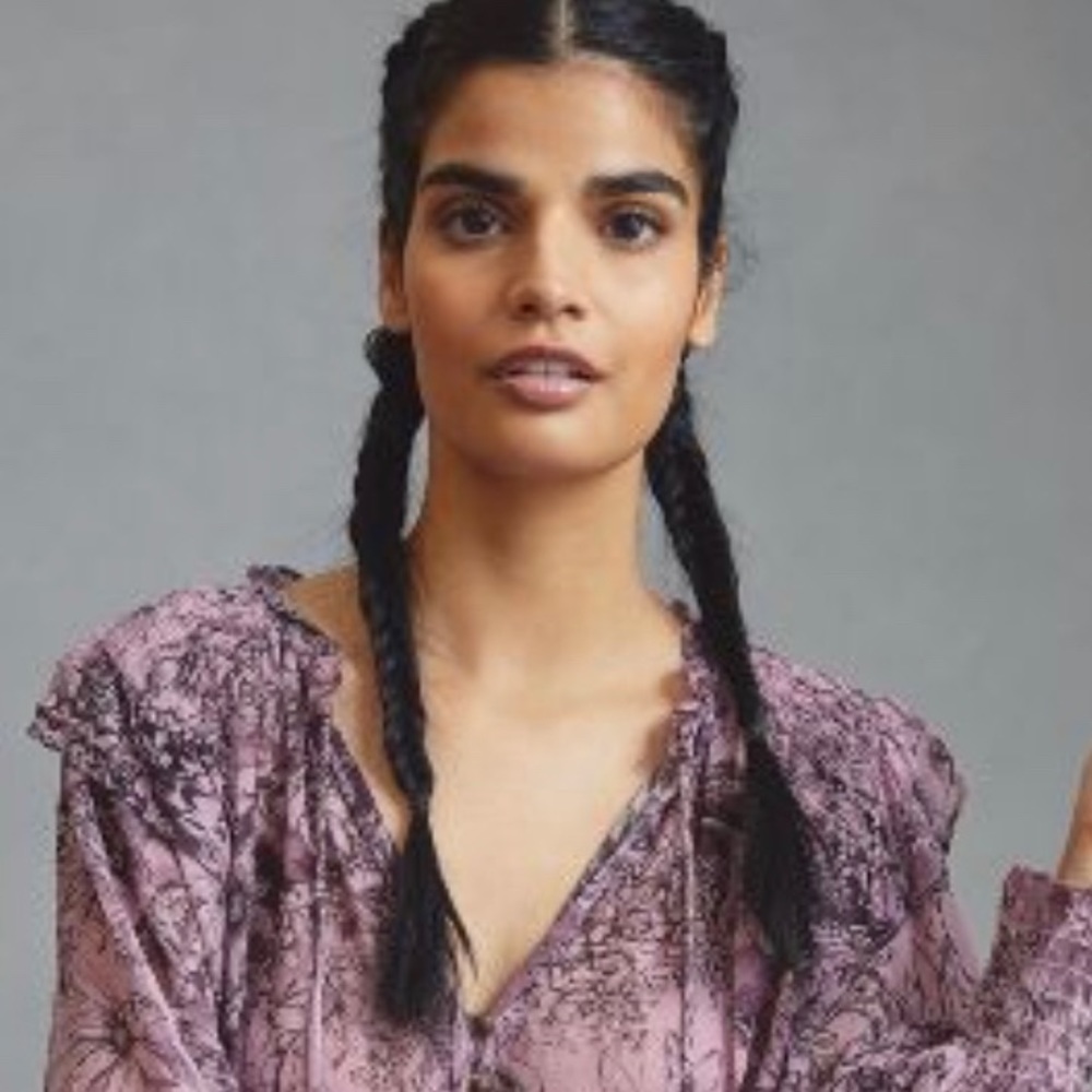 ANTHROPOLOGIE SMOCKED SHEER BLOUSE in purple motif, size small.
